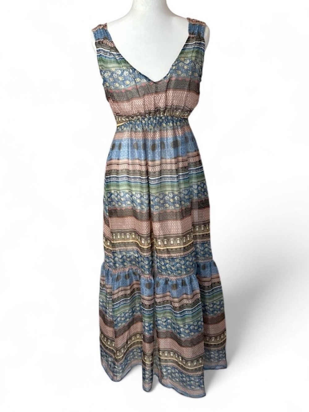 Boho Tiered V-Neck Maxi Dress in Blue & Brown